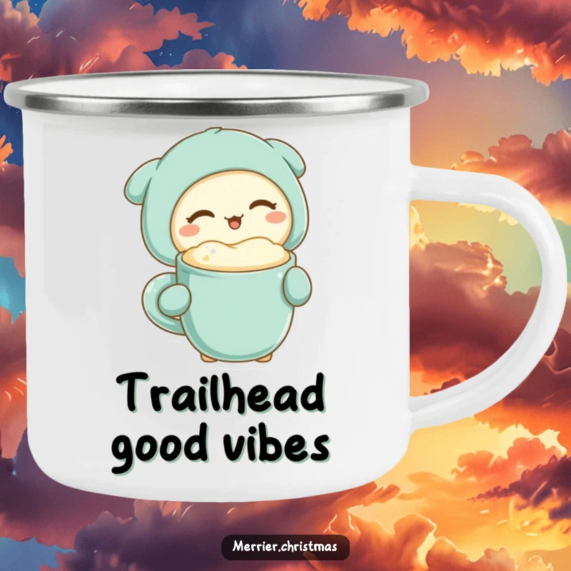 Funny kawaii character winking with a warm, frothy drink mug, designed for a humorous and cheerful camping experience.