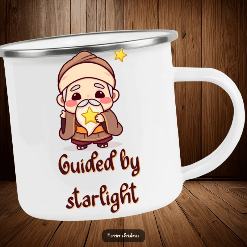 Funny camping mug with a kawaii wise man character joyfully offering a tiny, glowing star, ready for outdoor contemplation.
