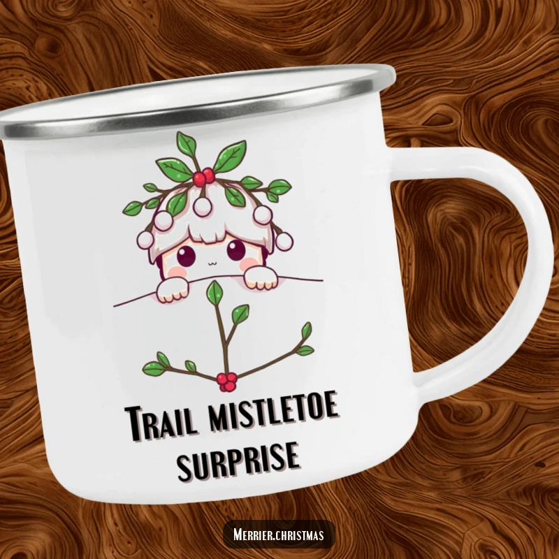 Funny Mistletoe camping mug, a playful character peeking from above, ideal for enjoying drinks in the wilderness.