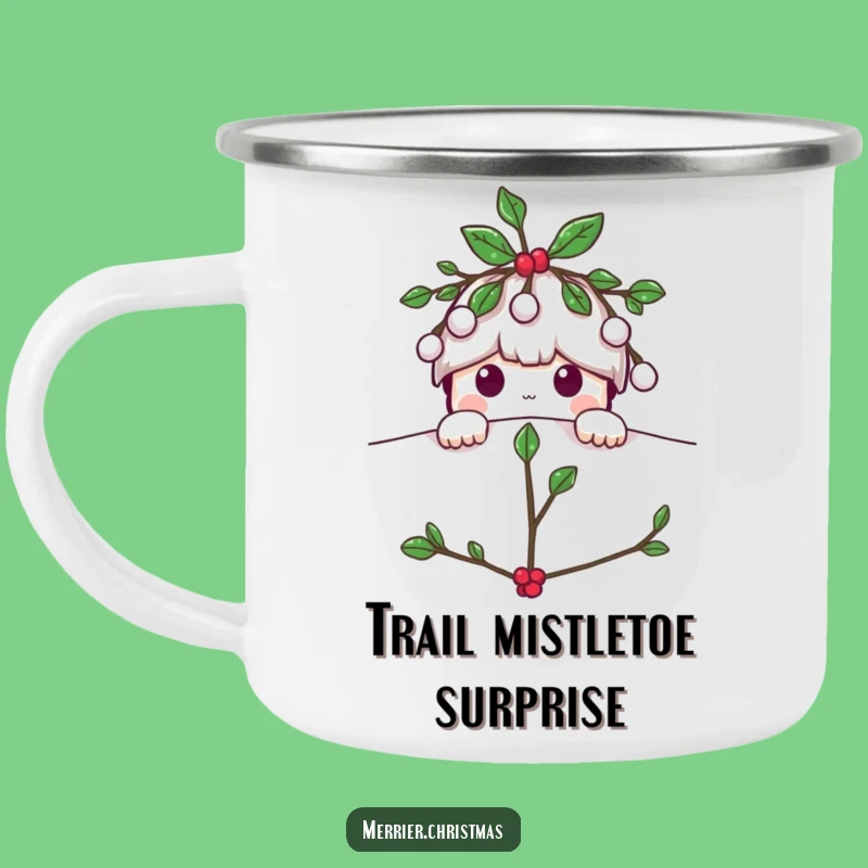 Funny Mistletoe Peeking Camping Mug: Playful Holiday Character Enamel Cup for Adventures