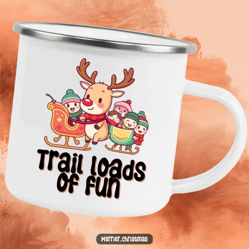 Funny camping mug featuring a reindeer pulling a sleigh full of laughing characters, perfect for festive outdoor fun and holiday cheer.