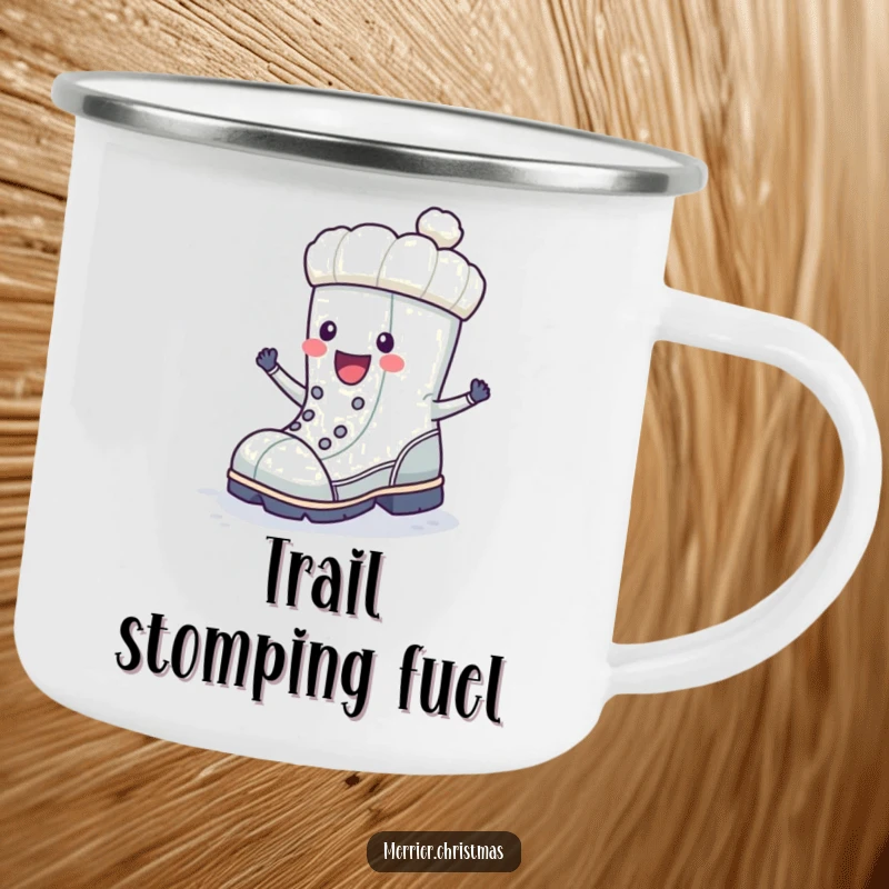 Funny winter boot character doing a happy stomp, printed on a durable camping mug for winter merriment.