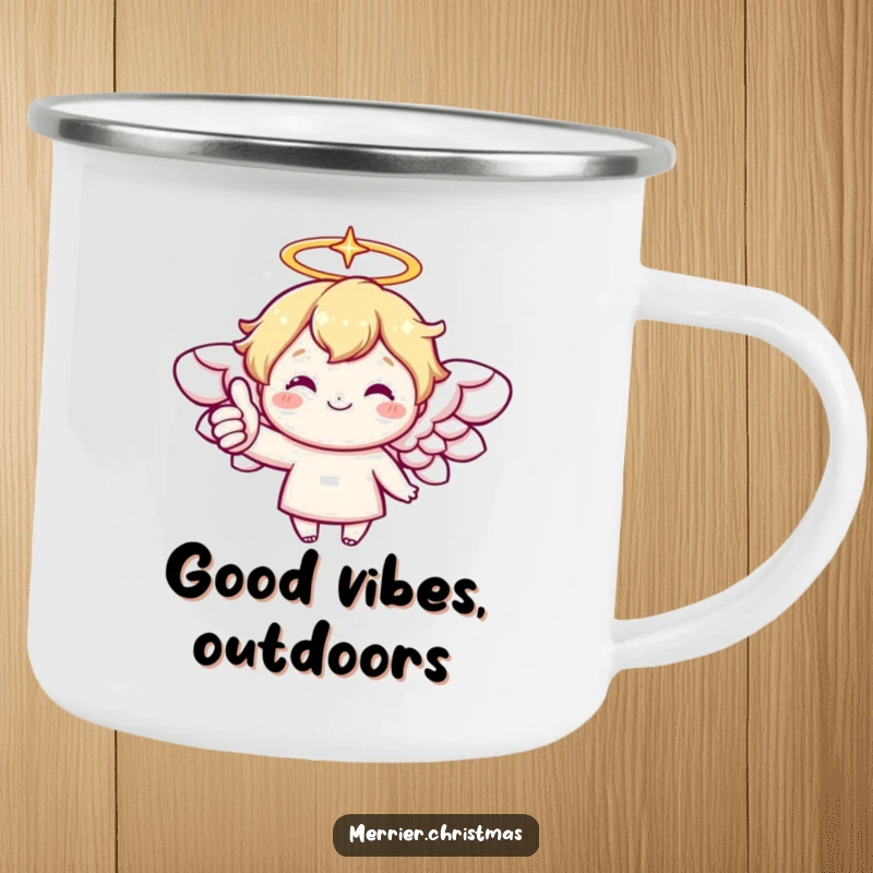 Funny camping mug with a kawaii angel character, sparkling halo, and a cheerful thumbs up, ready for outdoor enjoyment.
