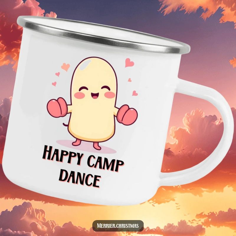 Funny dancing mitten camping mug, a cute character full of glee, joyfully dancing for outdoor cheers.