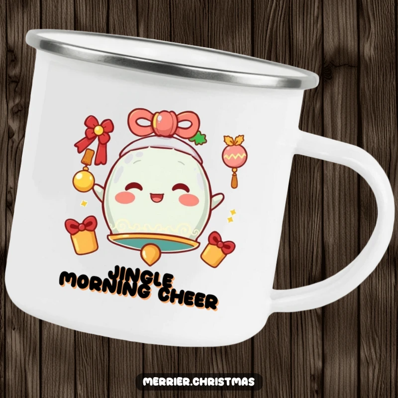 Funny Camping Mug featuring a festive bell character with a cheerful, jingly vibration, perfect for enjoying drinks in the great outdoors.