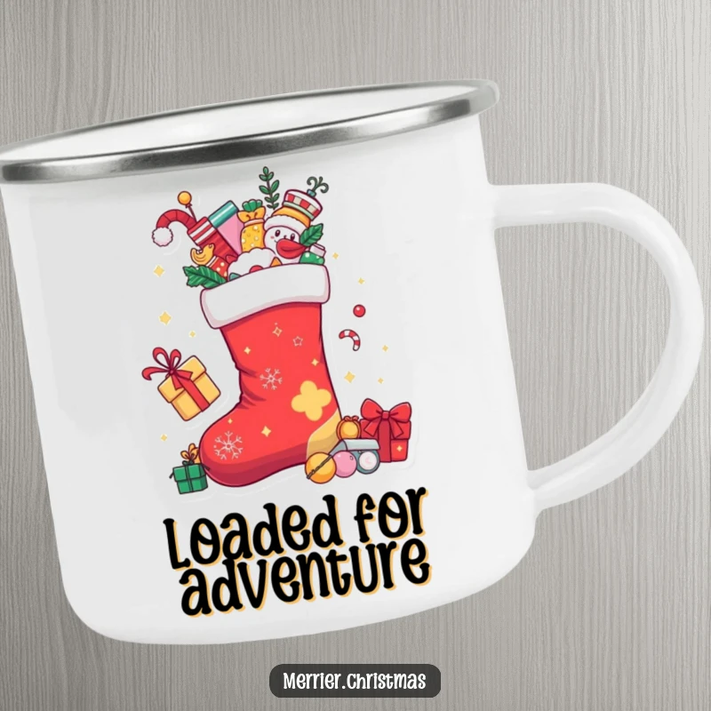 Funny Christmas stocking character overflowing with playful items, printed on a durable camping mug for holiday cheer.