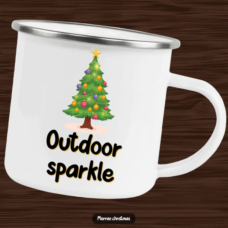 Funny Christmas tree camping mug with sparkling ornaments, twinkling, perfect for outdoor holiday cheer and as a funny gift.