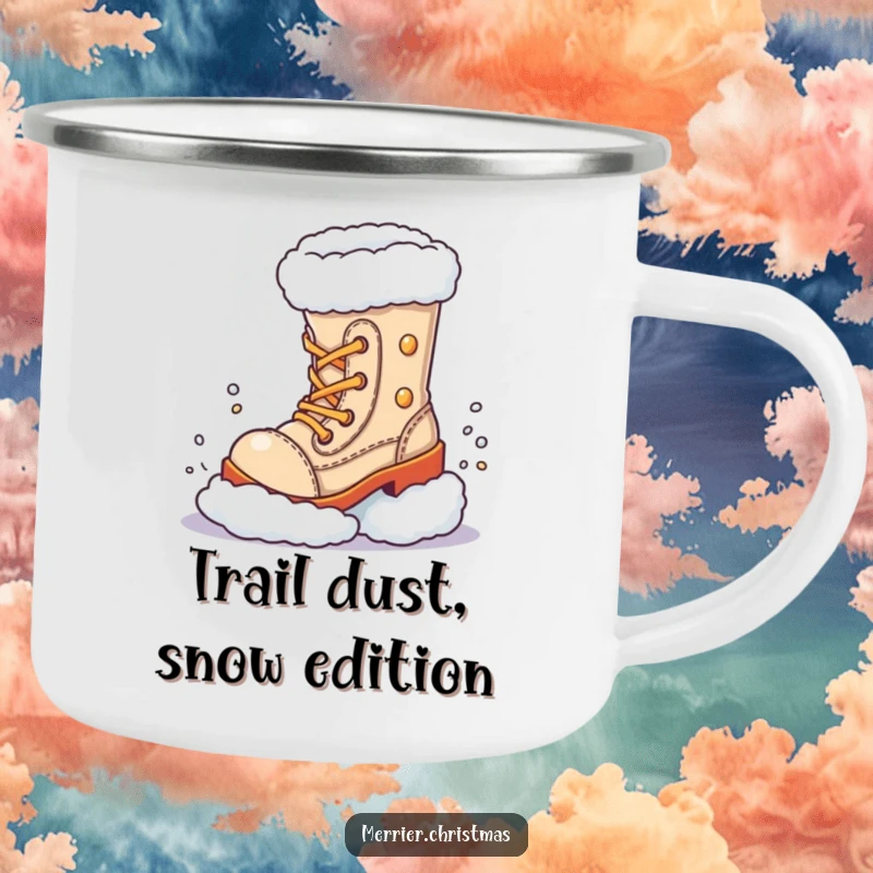 Funny Enamel Camping Mug, depicting a boot character kicking snow, designed for outdoor adventures and humor.