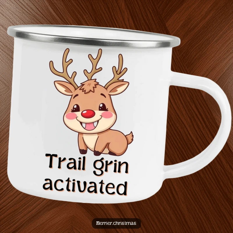 Funny Reindeer Camping Mug featuring a character with a huge, goofy grin and rosy cheeks, ideal for outdoor use and holiday cheer.