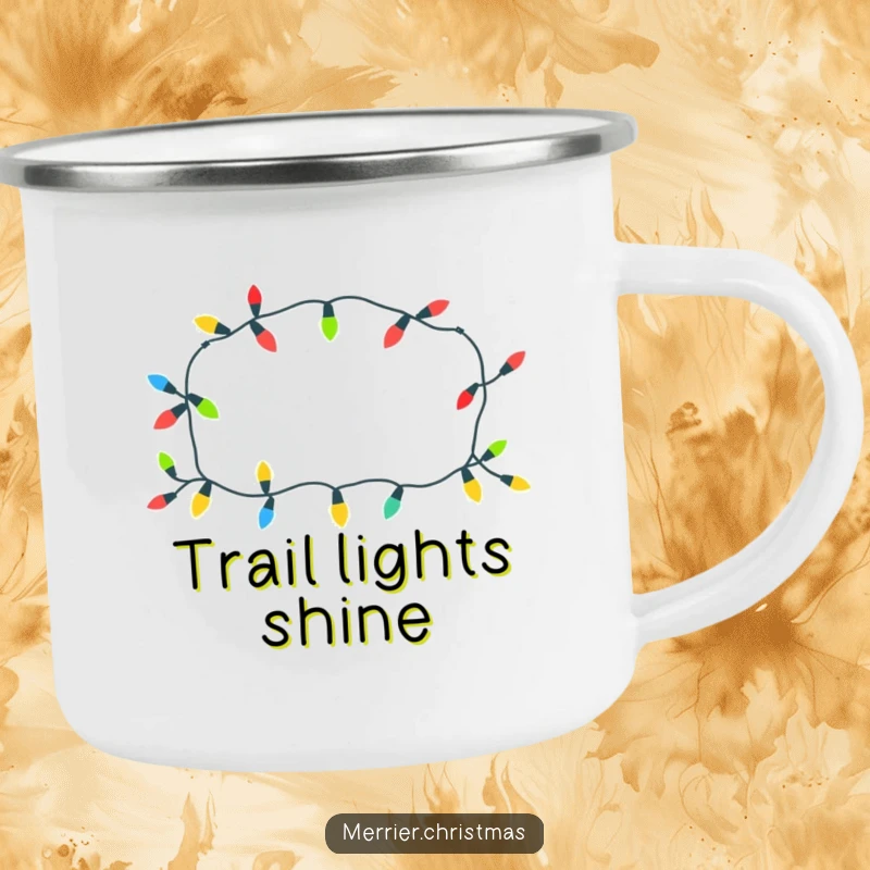 Funny Christmas lights camping mug with a cheerful pattern, glowing playfully, perfect for outdoor holidays and as a funny gift.