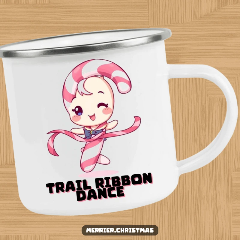 Funny camping mug featuring a candy cane character playfully twirling a ribbon, ideal for holiday outdoor enjoyment.