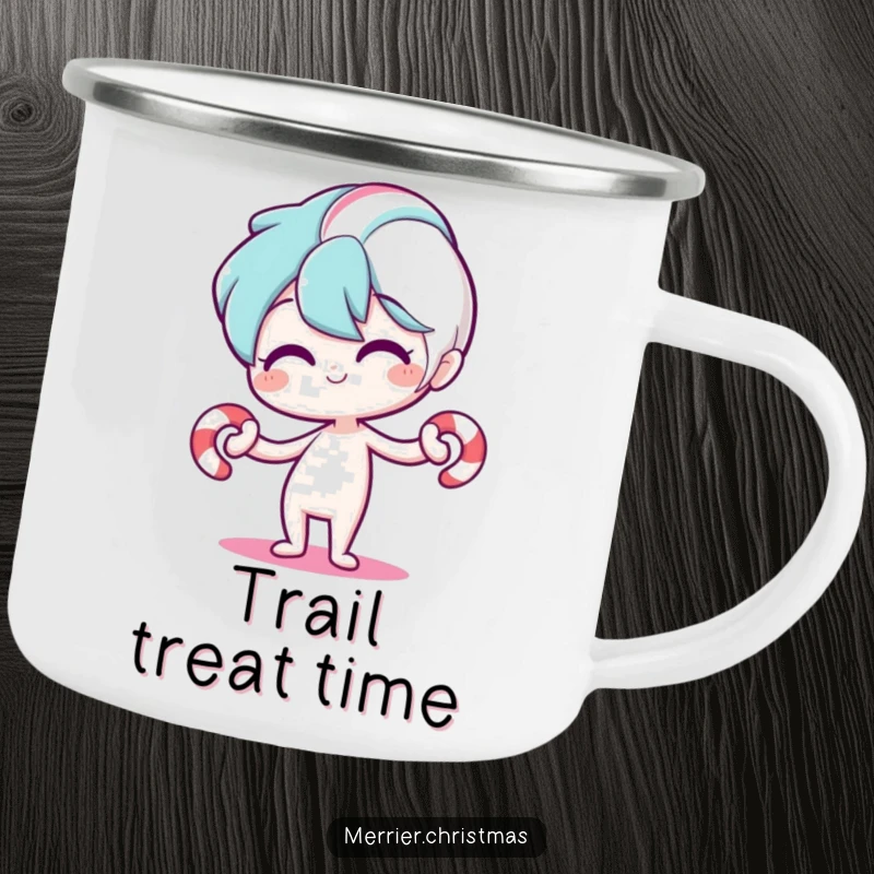 Funny camping mug with a stylized candy cane character bending playfully, bringing holiday cheer and humor to outdoor adventures and beverage enjoyment.