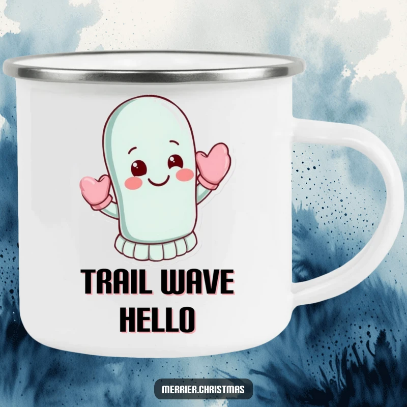 Funny Camping Mug: A mitten character waves energetically with a warm smile, perfect for enjoying drinks outdoors.