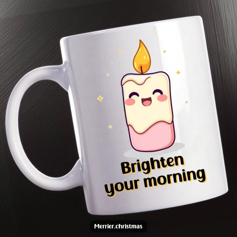 Funny Cheerful Candle Mug featuring a flickering candle character radiating positive energy and a bright, happy glow.