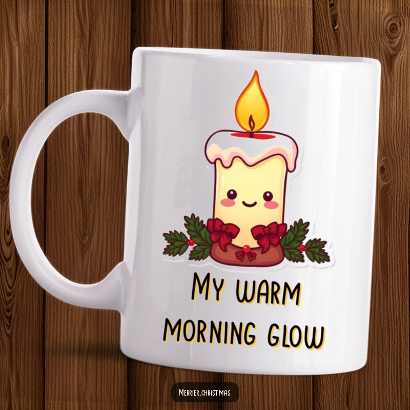 Funny Christmas candle mug, a character with a candle and a warm, smiling flame, exuding holiday joy.