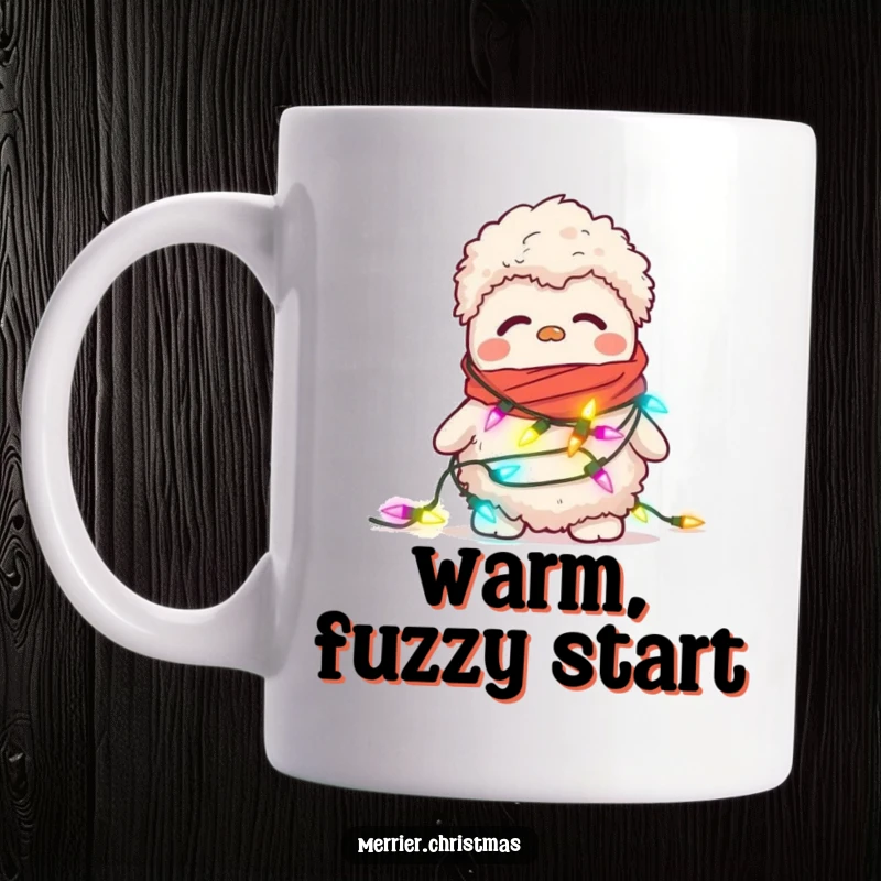 Funny mug showing a confused, fuzzy slipper attempting to wear a string of blinking Christmas lights as a festive scarf.