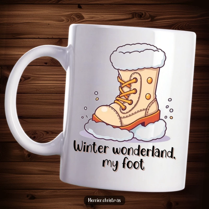 Funny Winter Boot Mug, a festive character happily kicking snow in a hilarious winter scene.