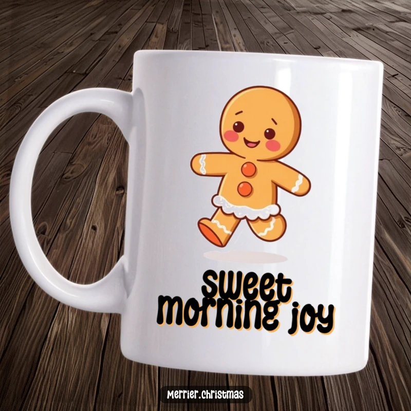 Funny mug featuring a gingerbread person with icing buttons joyfully skipping with a big smile, embodying holiday cheer.