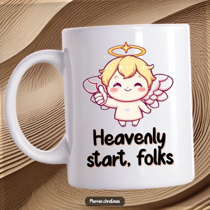 Funny mug featuring a kawaii angel with a sparkling halo giving a cheerful, friendly thumbs up, radiating pure joy.