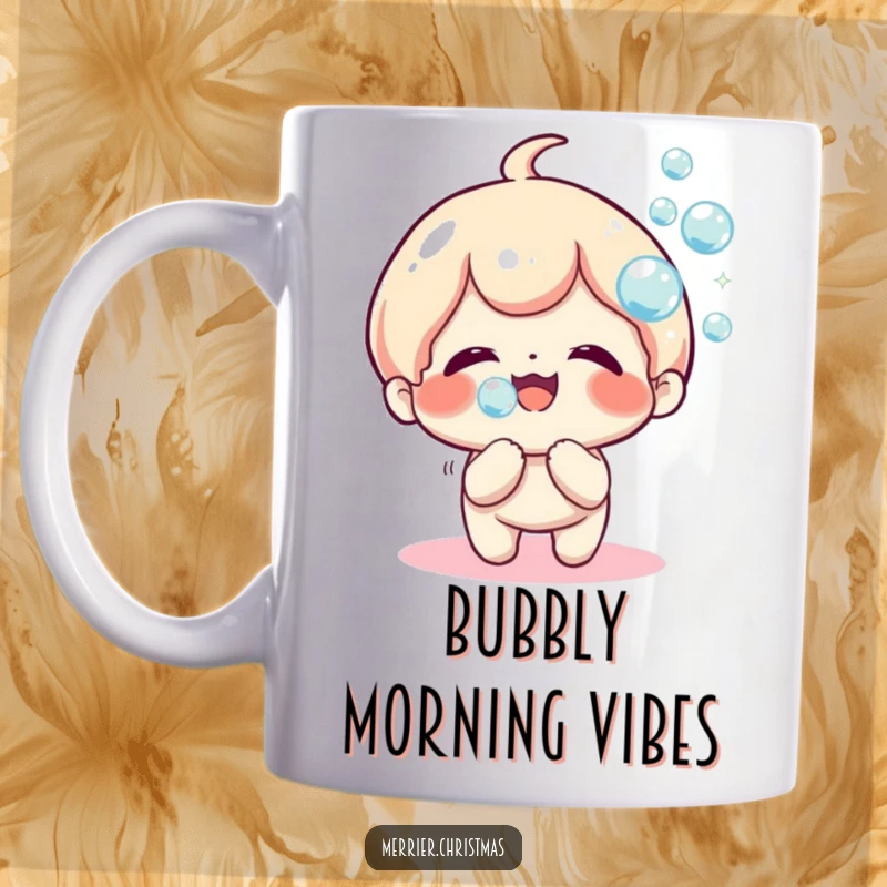 Funny Mug featuring a cute kawaii character joyfully blowing a stream of shimmering, sparkly bubbles.