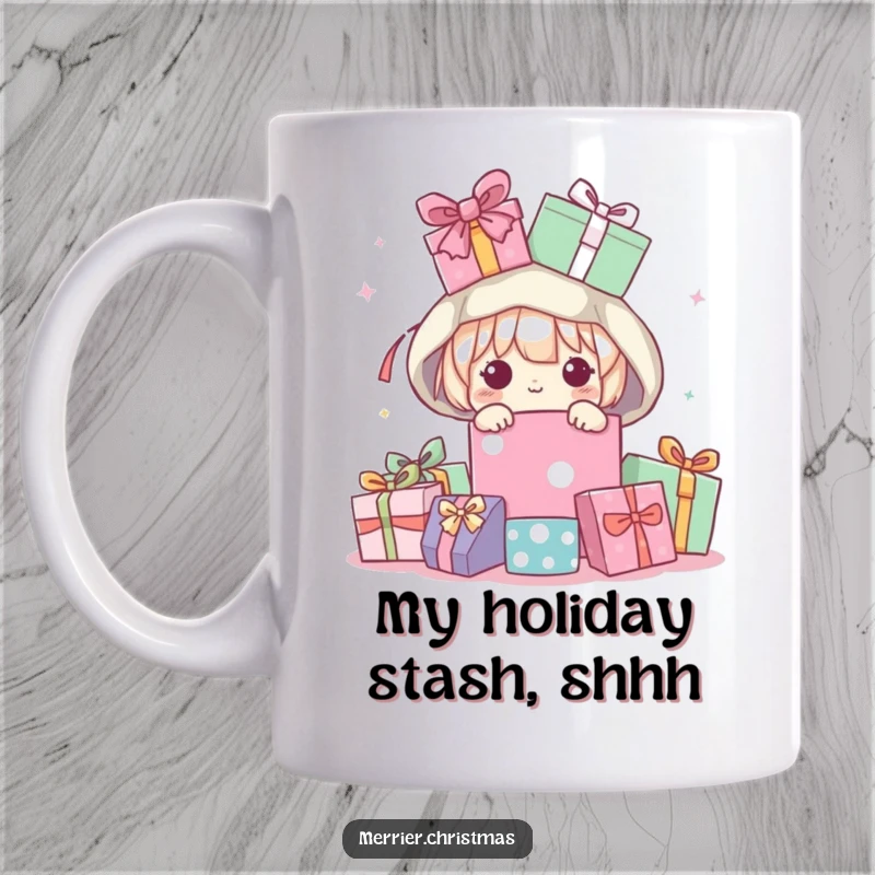 Funny Mug featuring a cute kawaii character peeking from under a huge pile of colorful wrapped presents, looking mischievous and happy.