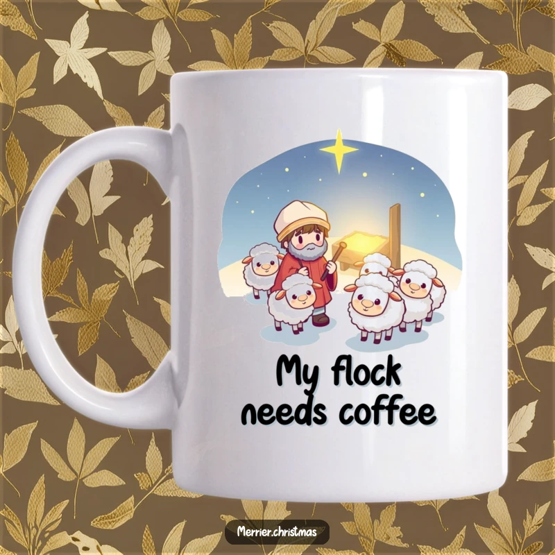 Funny Kawaii Shepherd Mug: Cute cartoon shepherd character guiding fluffy sheep towards a glowing manger, spreading holiday cheer.