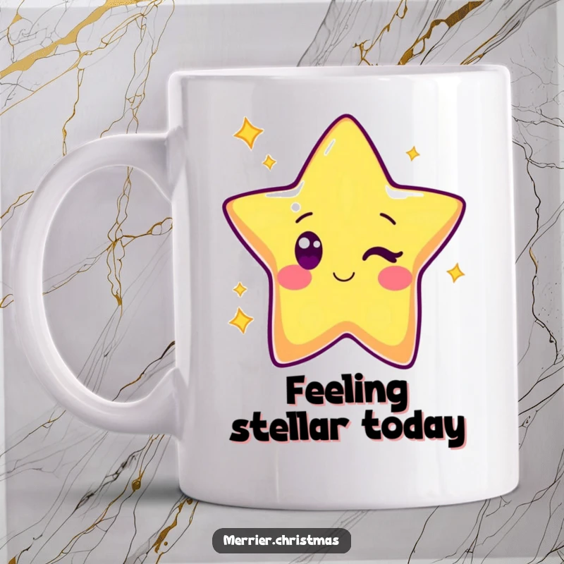 Funny Kawaii Star Mug: Adorable cartoon star character shining brightly and giving a charming wink, full of cosmic cheer.