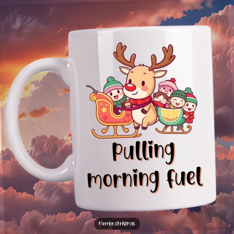 Funny mug with a reindeer character pulling a sleigh filled with laughing characters, embodying holiday joy and humorous celebration.