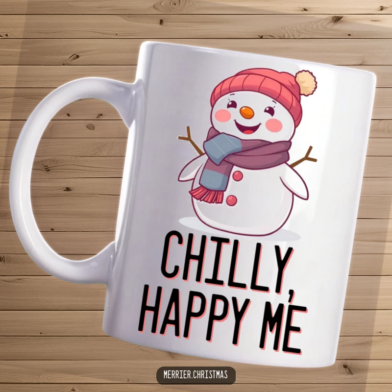 Funny mug featuring a cute snowman wearing a tiny festive scarf and beaming with pure winter happiness.