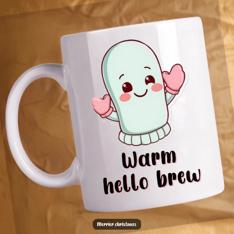 Funny Mitten Mug: A mitten character waves energetically with a wide, warm, and friendly smile.