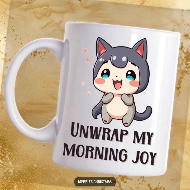 Funny Mug, a cute present character wiggling excitedly, ready to be opened, full of anticipation.