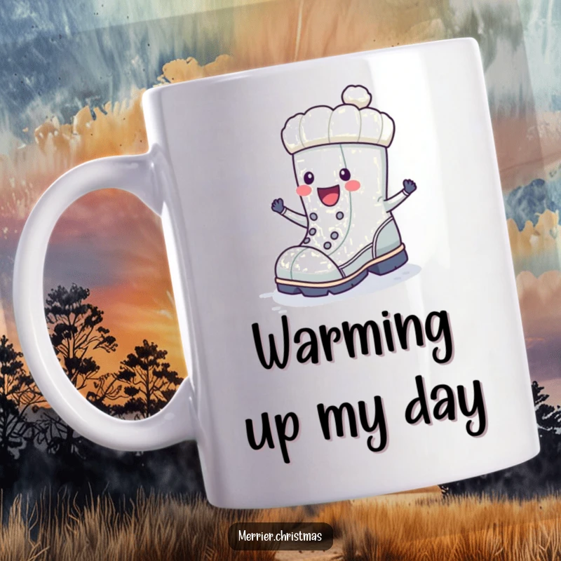 Funny winter boot character gleefully stomping its foot with delight in the snow, radiating winter joy.