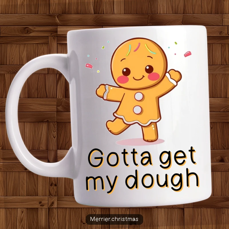 Funny Gingerbread Man Mug featuring a character doing a cheerful dance, covered in colorful sprinkles, radiating pure holiday sweetness.