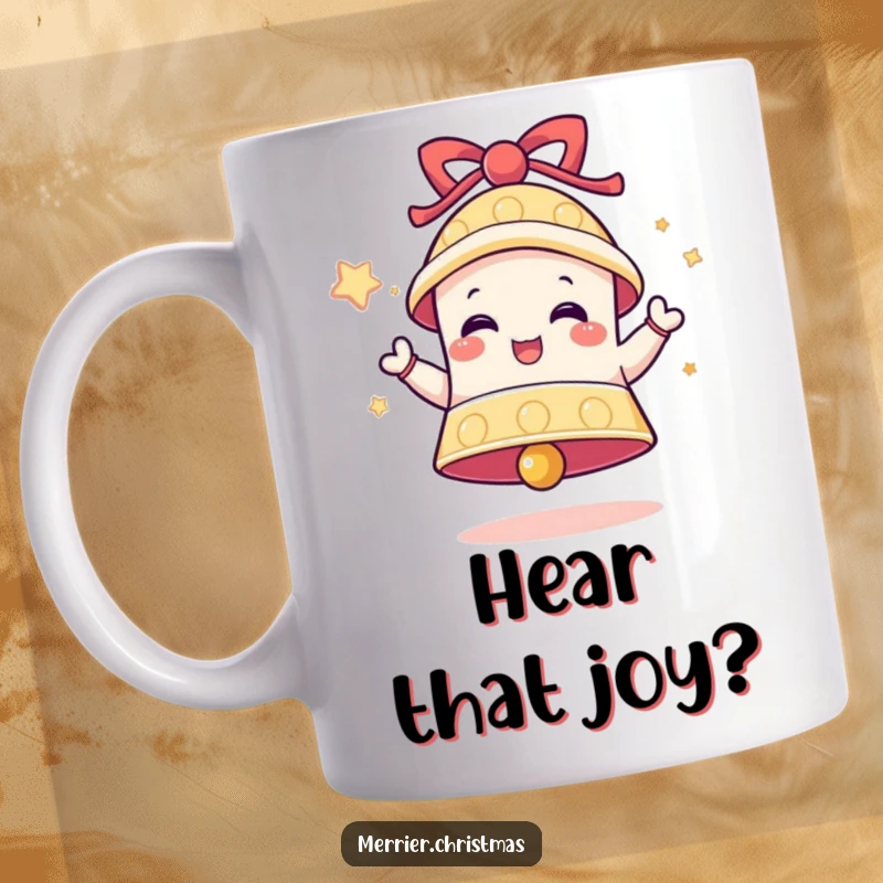 Funny Festive Bell Mug featuring a ringing bell character expressing pure delight and festive joy.