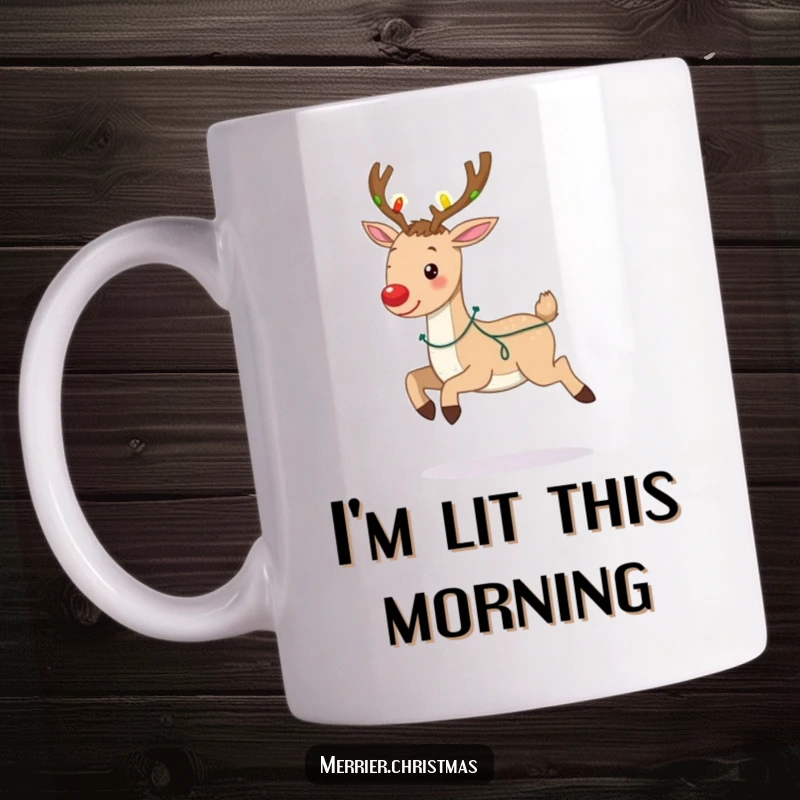 Funny mug featuring a joyful reindeer with antlers decorated in bright Christmas lights, prancing energetically for the holidays.