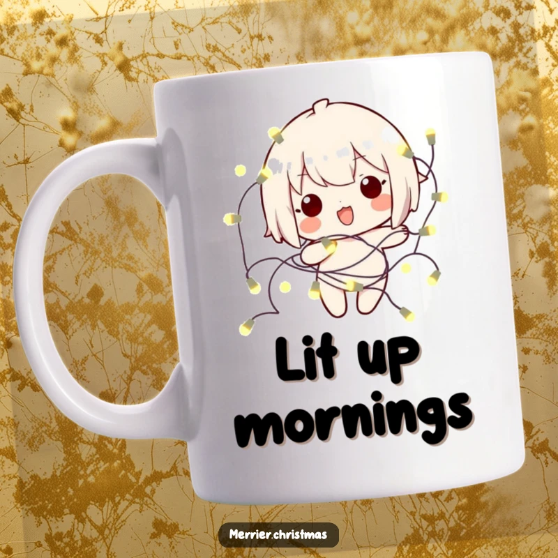 Funny kawaii character adorably tangled in a string of colorful glowing lights, embodying festive mischief on a mug.