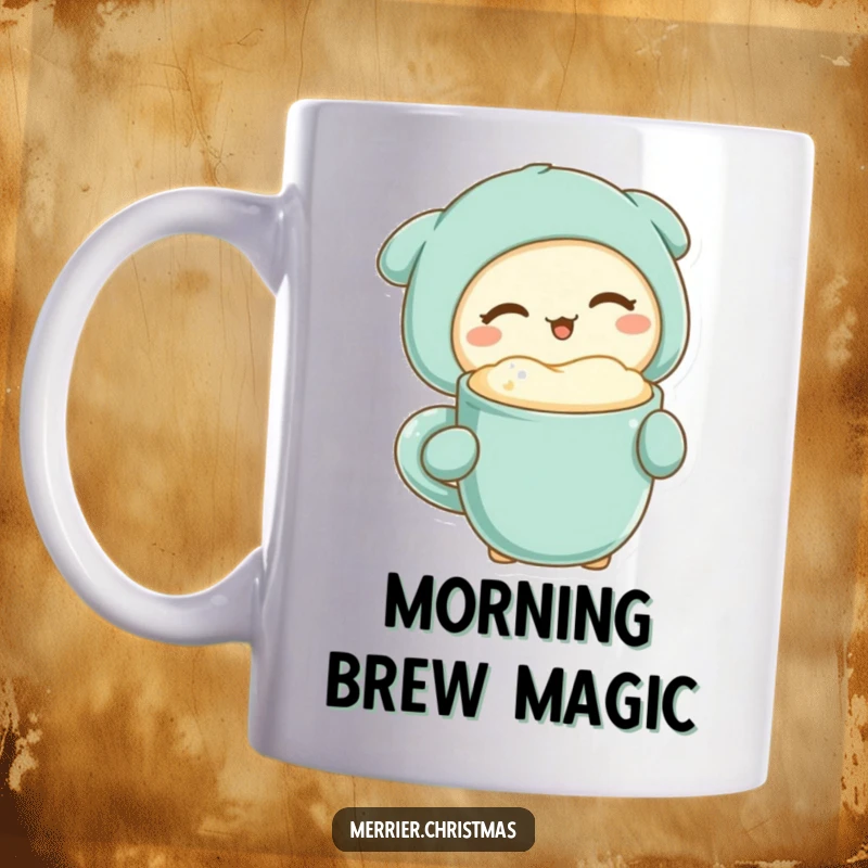 Funny kawaii character winking mischievously while holding a steaming mug of frothy beverage, on a delightful mug.