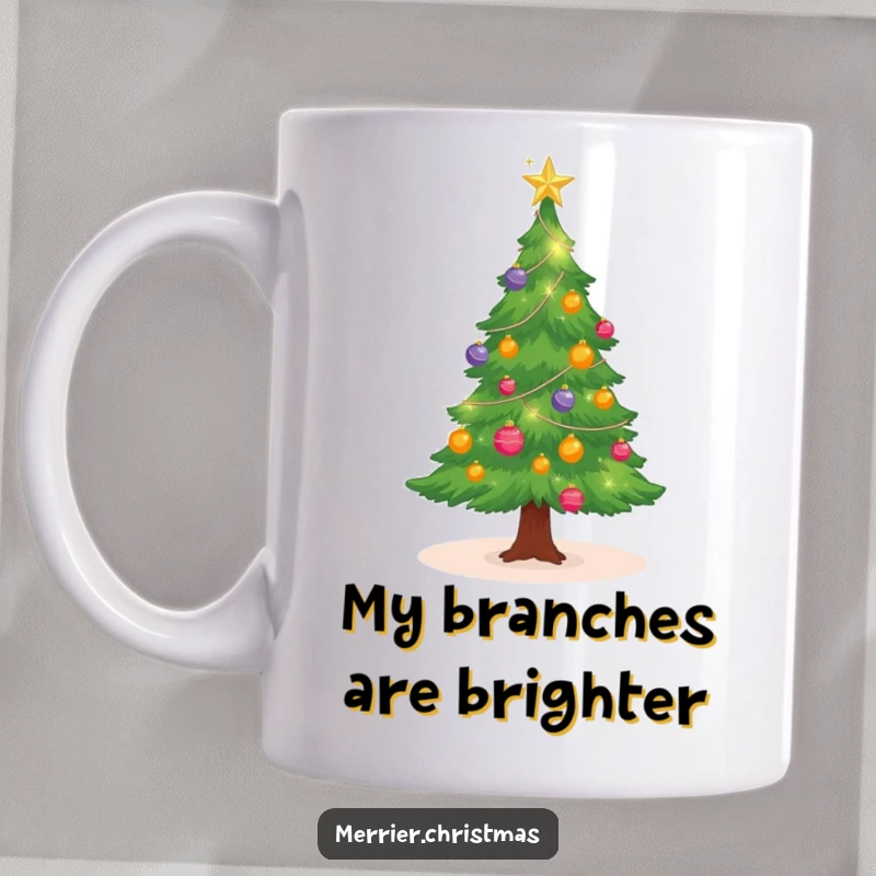 Funny Christmas tree mug with sparkling ornaments, twinkling cheerfully, perfect for holiday cheer and gifting.