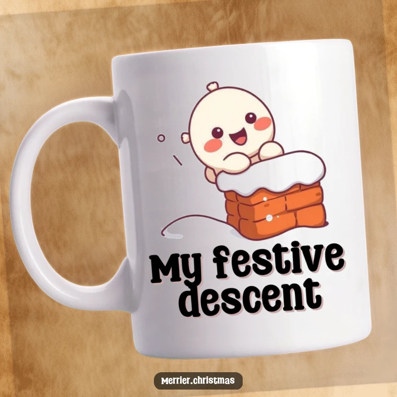 Funny kawaii character cheerfully sliding down a chimney, embodying pure holiday joy and festive mischief on this mug.