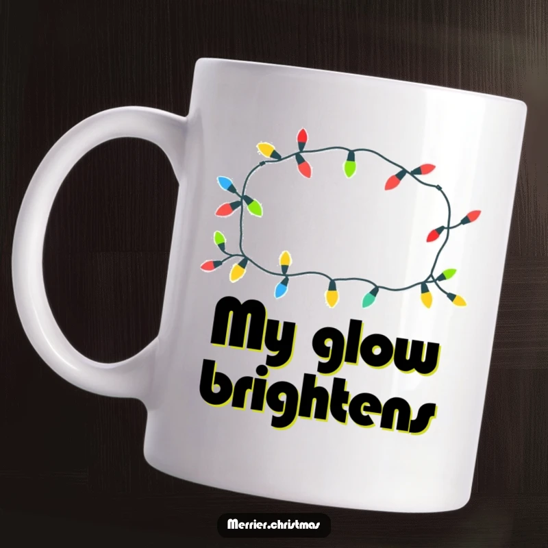Funny Christmas lights mug with a cheerful pattern, glowing playfully, perfect for festive vibes and as a funny gift.