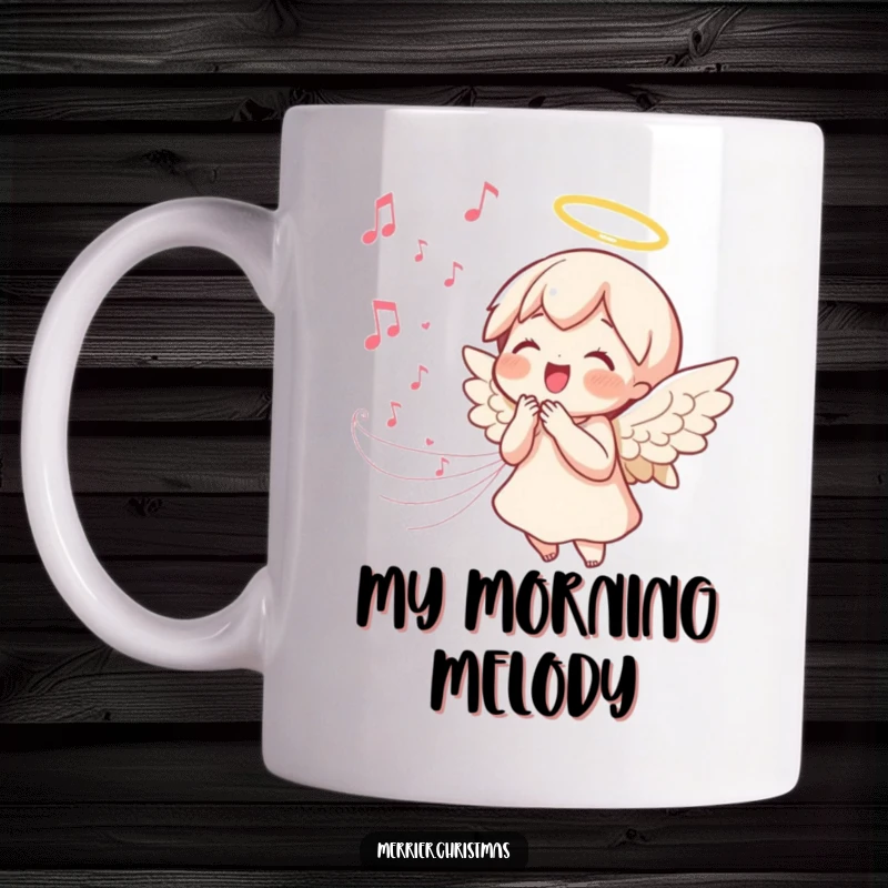 Funny kawaii angel mug singing with joy, with a melodic stream of music notes flowing, creating a peaceful and humorous celestial scene.