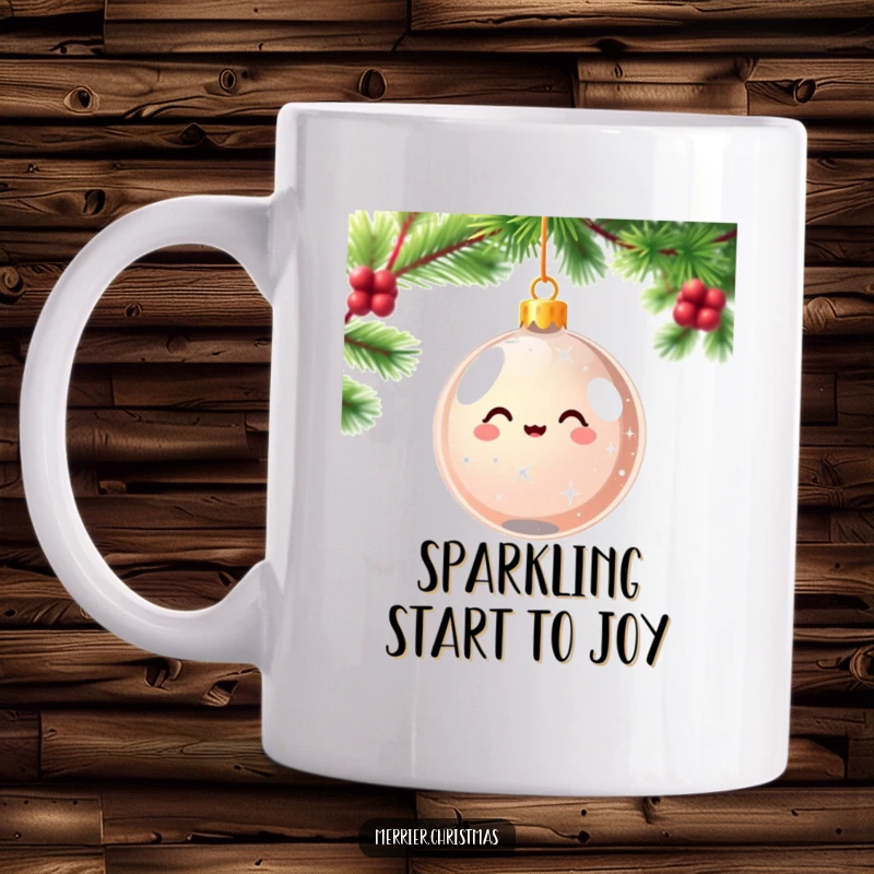 Funny kawaii Christmas ornament mug sparkling and spinning with pure delight, a festive and humorous holiday design for delightful sips.