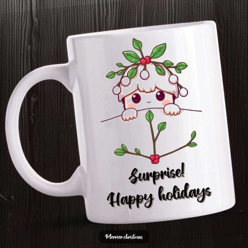 Funny Mistletoe character mug, playfully peeking from above with a mischievous smile, spreading Christmas joy.