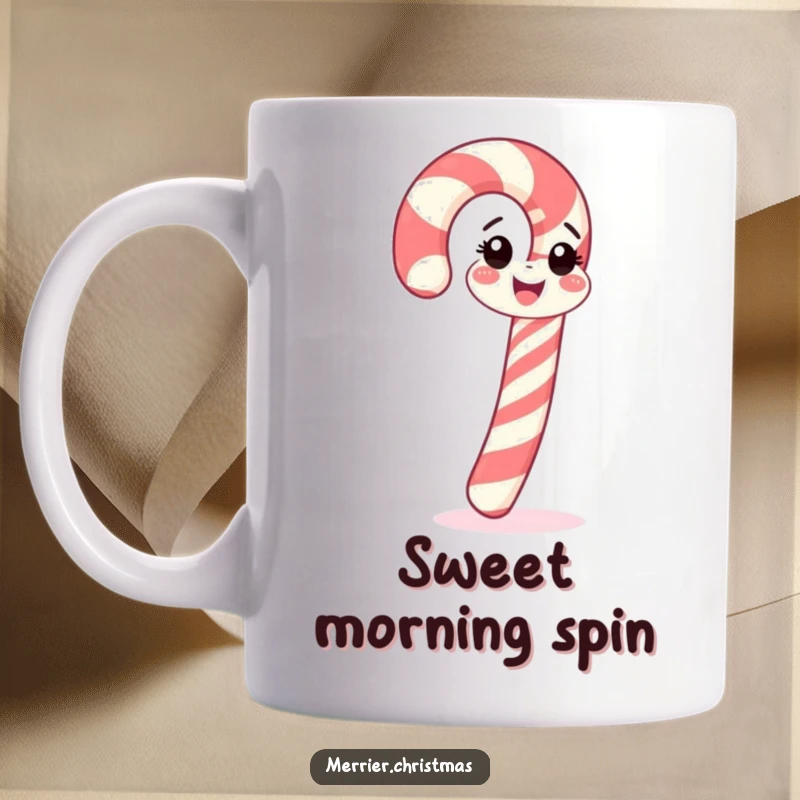 Funny happy candy cane mug, cheerfully spinning, bringing sweet holiday joy and fun, a perfect funny gift.
