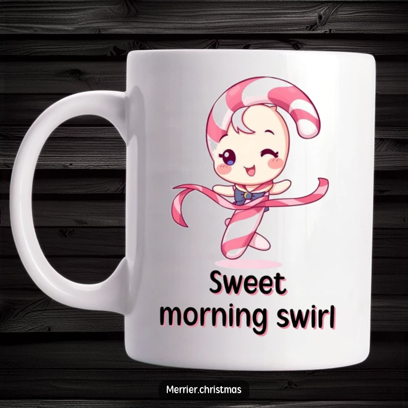 Funny mug featuring a candy cane character playfully twirling a festive ribbon, embodying holiday cheer and sweetness.