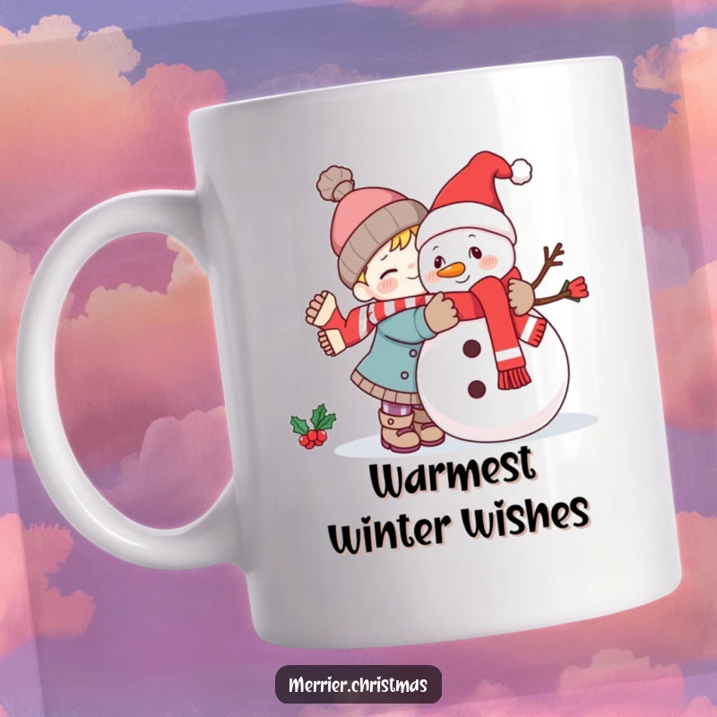 Funny kawaii character warmly hugging a smiling snowman, radiating friendship and festive cheer on a mug.