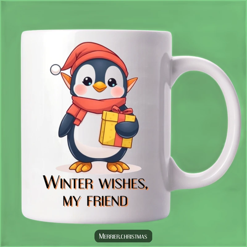 Funny Elf Penguin Mug Gift - Adorable Festive Character Holding Present, Perfect Christmas Cheer!