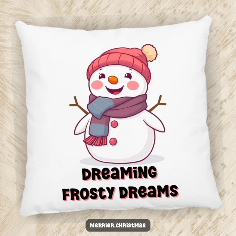 Funny pillow featuring a cute snowman in a festive scarf, beaming with warmth and wintery comfort.