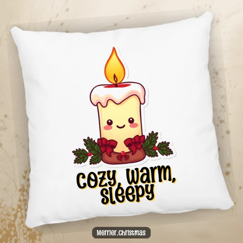 Funny Christmas candle pillow, a character with a warm, smiling flame, adding cozy holiday cheer.