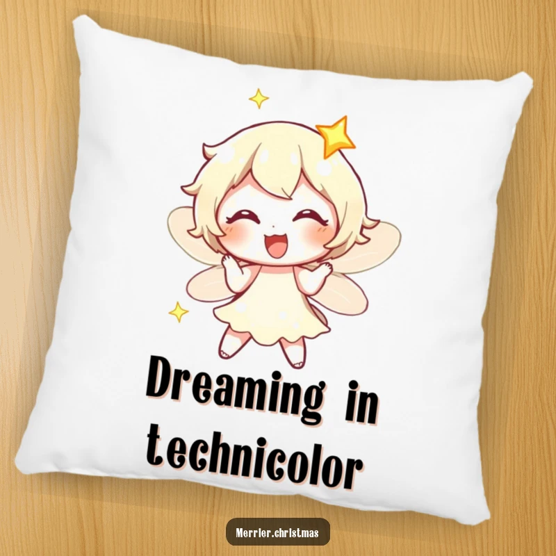 Funny fairy light character twinkling with exaggerated delight, featured on a soft, decorative pillow for ultimate comfort.